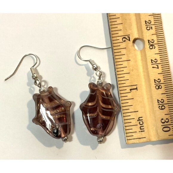 Art Glass Fish Earrings With Swirled Design & Fishhook Backs Brown & Copper Wome - Picture 3 of 3